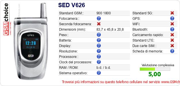 SED V626 Dati tecnici di telefono cellulare SED V626 Dati tecnici di telefono cellulare