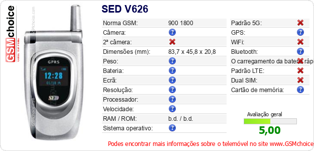SED V626 Especificações técnicas do telemóvel SED V626 Especificações técnicas do telemóvel