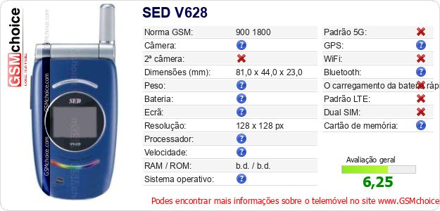 SED V628 Especificações técnicas do telemóvel 