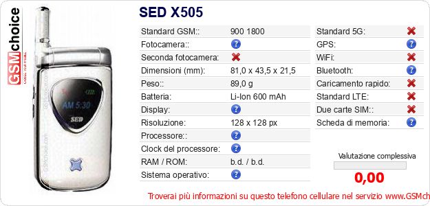 SED X505 Dati tecnici di telefono cellulare SED X505 Dati tecnici di telefono cellulare