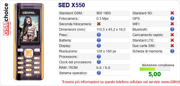 SED X550 Dati tecnici di telefono cellulare 