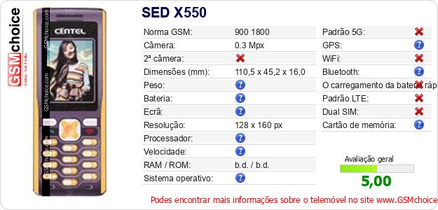 SED X550 Especificações técnicas do telemóvel 