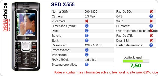 SED X555 Especificações técnicas do telemóvel SED X555 Especificações técnicas do telemóvel