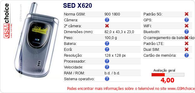 SED X620 Especificações técnicas do telemóvel SED X620 Especificações técnicas do telemóvel