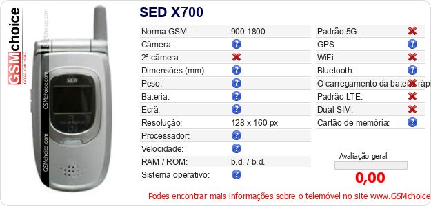 SED X700 Especificações técnicas do telemóvel SED X700 Especificações técnicas do telemóvel