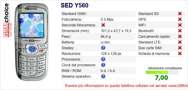 SED Y560 Dati tecnici di telefono cellulare 