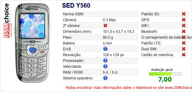 SED Y560 Especificações técnicas do telemóvel SED Y560 Especificações técnicas do telemóvel