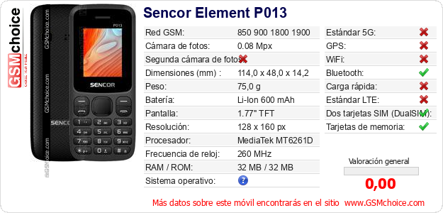Sencor Element P013 Datos técnicos del móvil 