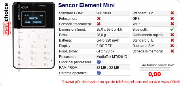Sencor Element Mini Dati tecnici di telefono cellulare 
