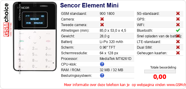 Sencor Element Mini Technische gegevens Sencor Element Mini Technische gegevens