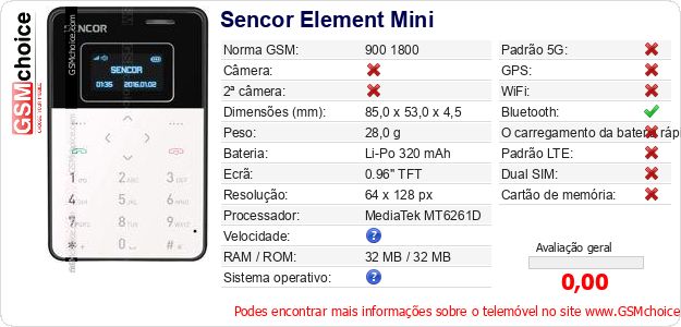 Sencor Element Mini Especificações técnicas do telemóvel Sencor Element Mini Especificações técnicas do telemóvel