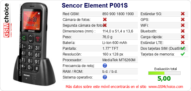 Sencor Element P001S Datos técnicos del móvil Sencor Element P001S Datos técnicos del móvil