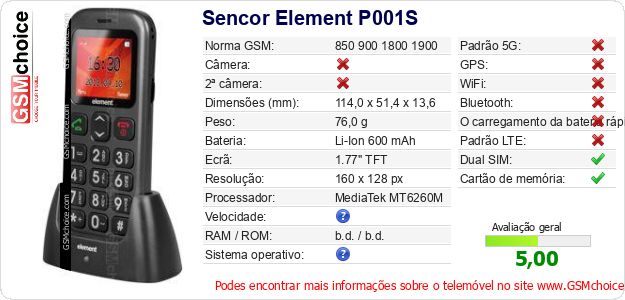Sencor Element P001S Especificações técnicas do telemóvel 
