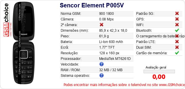 Sencor Element P005V Especificações técnicas do telemóvel 