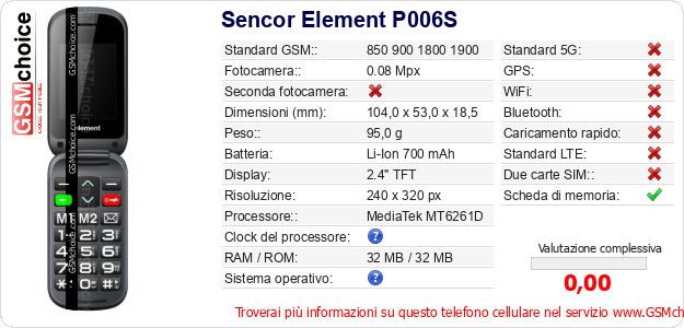 Sencor Element P006S Dati tecnici di telefono cellulare 