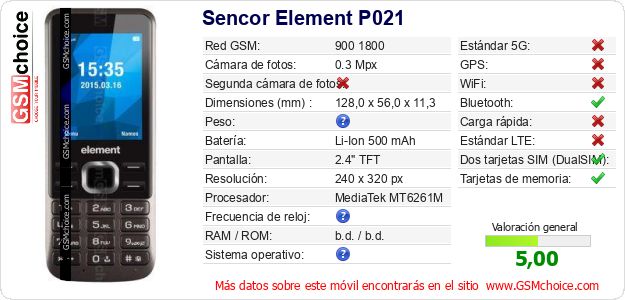 Sencor Element P021 Datos técnicos del móvil 