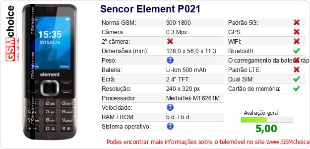Sencor Element P021 Especificações técnicas do telemóvel 