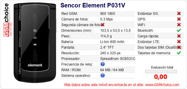 Sencor Element P031V Datos técnicos del móvil Sencor Element P031V Datos técnicos del móvil