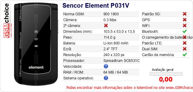Sencor Element P031V Especificações técnicas do telemóvel Sencor Element P031V Especificações técnicas do telemóvel