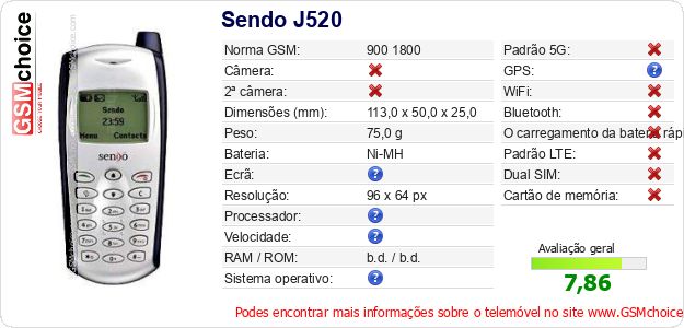 Sendo J520 Especificações técnicas do telemóvel Sendo J520 Especificações técnicas do telemóvel