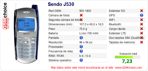 Sendo J530 Datos técnicos del móvil Sendo J530 Datos técnicos del móvil