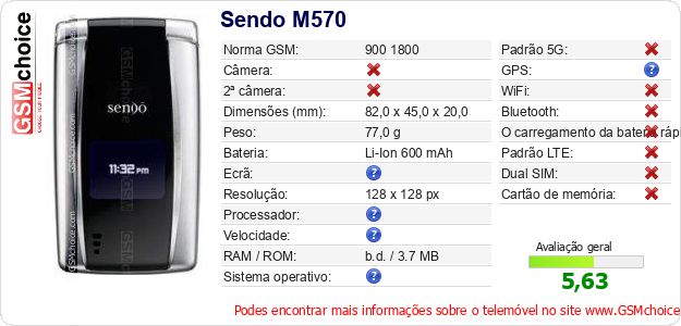 Sendo M570 Especificações técnicas do telemóvel Sendo M570 Especificações técnicas do telemóvel