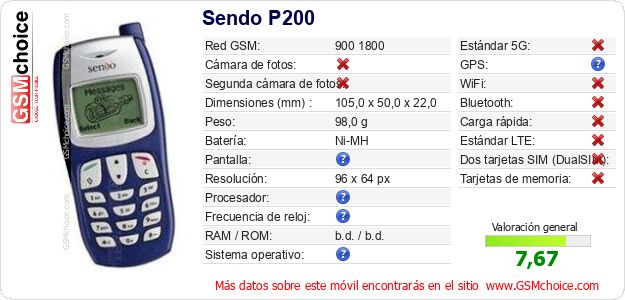 Sendo P200 Datos técnicos del móvil Sendo P200 Datos técnicos del móvil