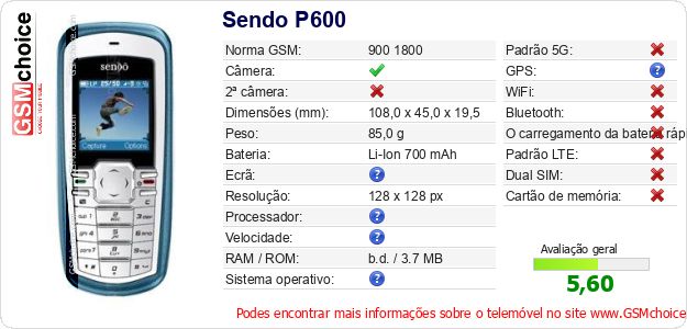 Sendo P600 Especificações técnicas do telemóvel 