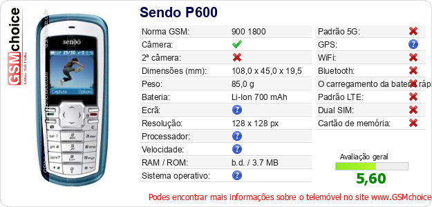 Sendo P600 Especificações técnicas do telemóvel 