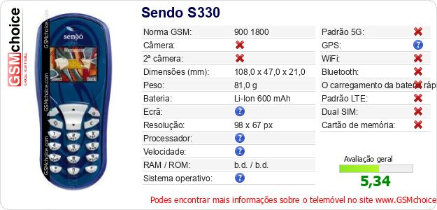 Sendo S330 Especificações técnicas do telemóvel 