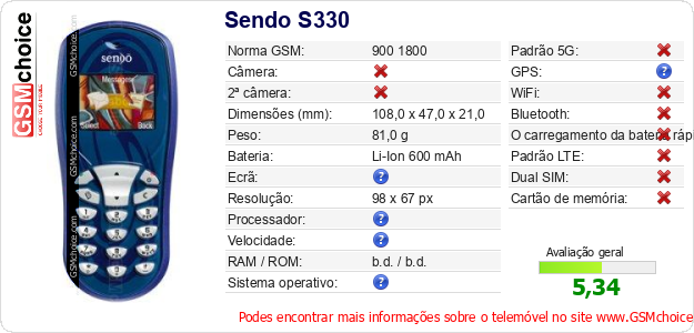 Sendo S330 Especificações técnicas do telemóvel 