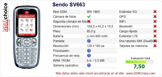 Sendo SV663 Datos técnicos del móvil Sendo SV663 Datos técnicos del móvil