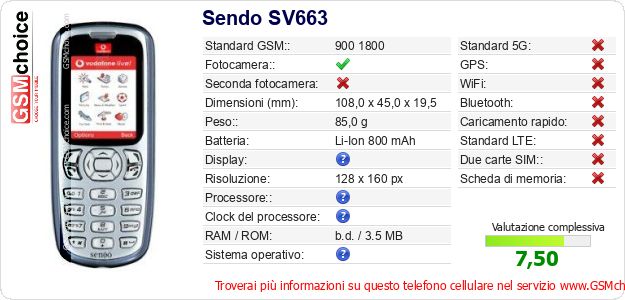 Sendo SV663 Dati tecnici di telefono cellulare 