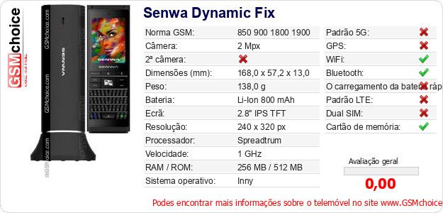 Senwa Dynamic Fix Especificações técnicas do telemóvel Senwa Dynamic Fix Especificações técnicas do telemóvel