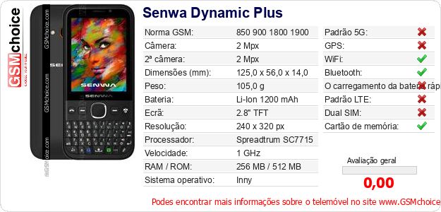 Senwa Dynamic Plus Especificações técnicas do telemóvel Senwa Dynamic Plus Especificações técnicas do telemóvel