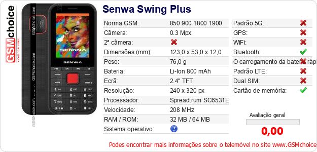 Senwa Swing Plus Especificações técnicas do telemóvel 