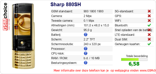 Sharp 880SH Technische gegevens Sharp 880SH Technische gegevens