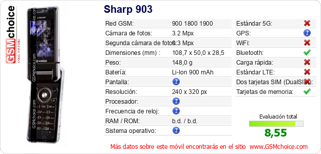 Sharp 903 Datos técnicos del móvil Sharp 903 Datos técnicos del móvil