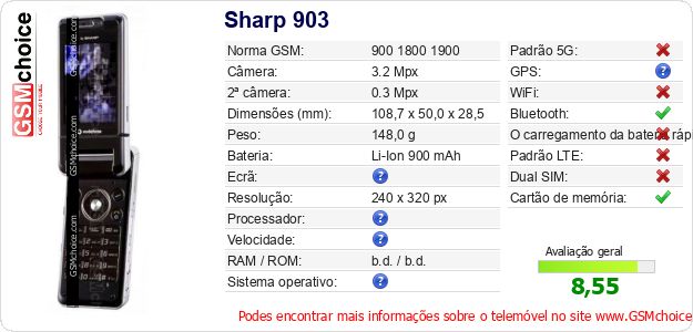 Sharp 903 Especificações técnicas do telemóvel 