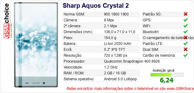 Sharp Aquos Crystal 2 Especificações técnicas do telemóvel 