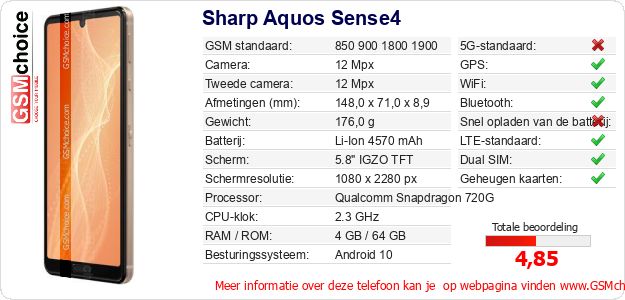 Sharp Aquos Sense4 Technische gegevens Sharp Aquos Sense4 Technische gegevens