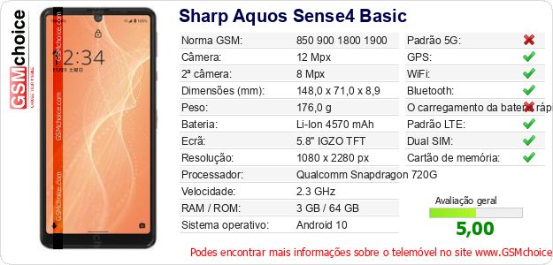 Sharp Aquos Sense4 Basic Especificações técnicas do telemóvel 