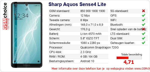 Sharp Aquos Sense4 Lite Technische gegevens Sharp Aquos Sense4 Lite Technische gegevens