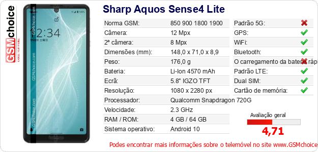 Sharp Aquos Sense4 Lite Especificações técnicas do telemóvel 