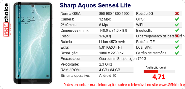 Sharp Aquos Sense4 Lite Especificações técnicas do telemóvel 