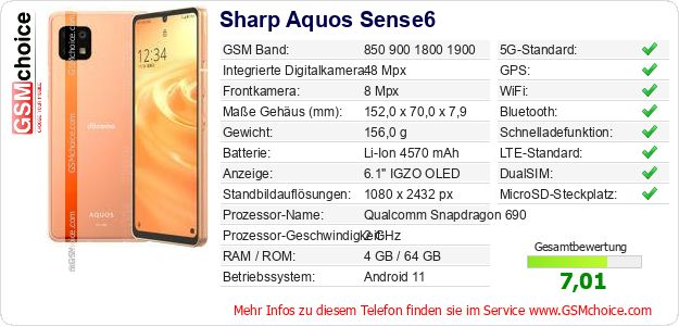Sharp Aquos Sense6 technische Daten Sharp Aquos Sense6 technische Daten