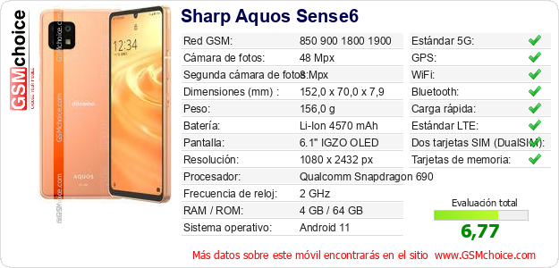 Sharp Aquos Sense6 Datos técnicos del móvil Sharp Aquos Sense6 Datos técnicos del móvil