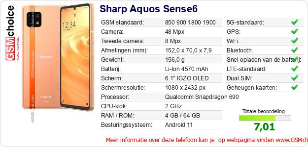 Sharp Aquos Sense6 Technische gegevens Sharp Aquos Sense6 Technische gegevens