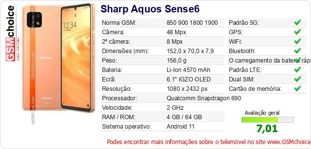 Sharp Aquos Sense6 Especificações técnicas do telemóvel Sharp Aquos Sense6 Especificações técnicas do telemóvel