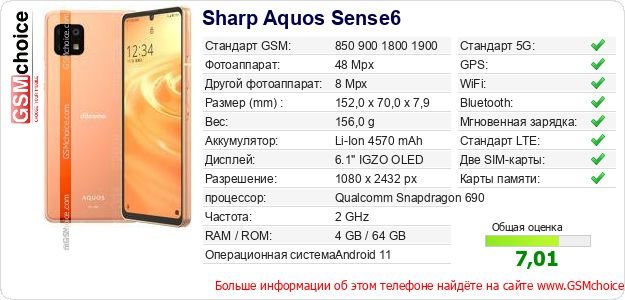 Sharp Aquos Sense6 Технические данные телефона Sharp Aquos Sense6 Технические данные телефона
